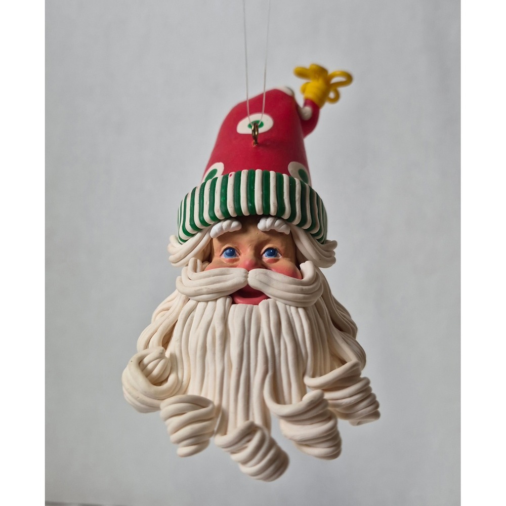 Vtg Handmade Polymer Clay Santa Claus Head Christmas Ornament Hat Coiled Beard